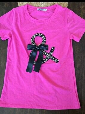 Women's Pink T-Shirt Sparkly Ribbon Appliqué Casual Short Sleeve Tee Rhinestone